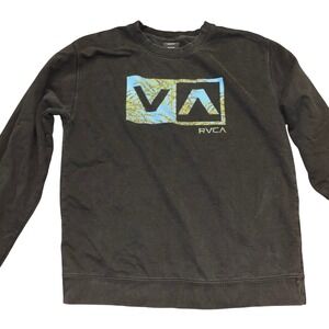 RVCA Mens Medium Crewneck Sweatshirt Black Graphic VA Logo Palm Leaf Pullover